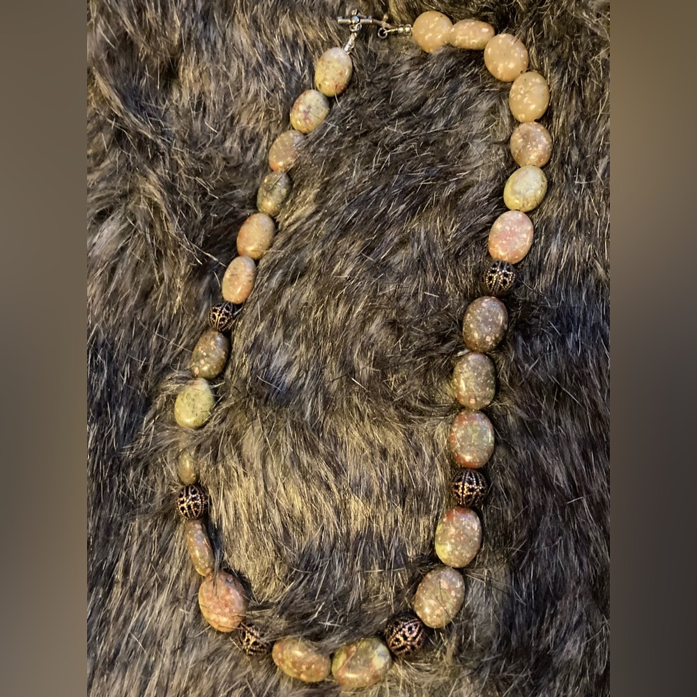 Silver and jasper real gemstones ,short necklace with brass filigree beads